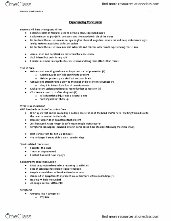 Nursing 4400A/B Lecture Notes - Lecture 9: Brain Injury, Reconsideration Of A Motion, Migraine thumbnail