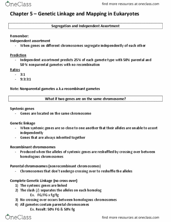 BIOL 3315 Chapter Notes - Chapter 5: Synteny, Mendelian Inheritance, Genetic Linkage thumbnail