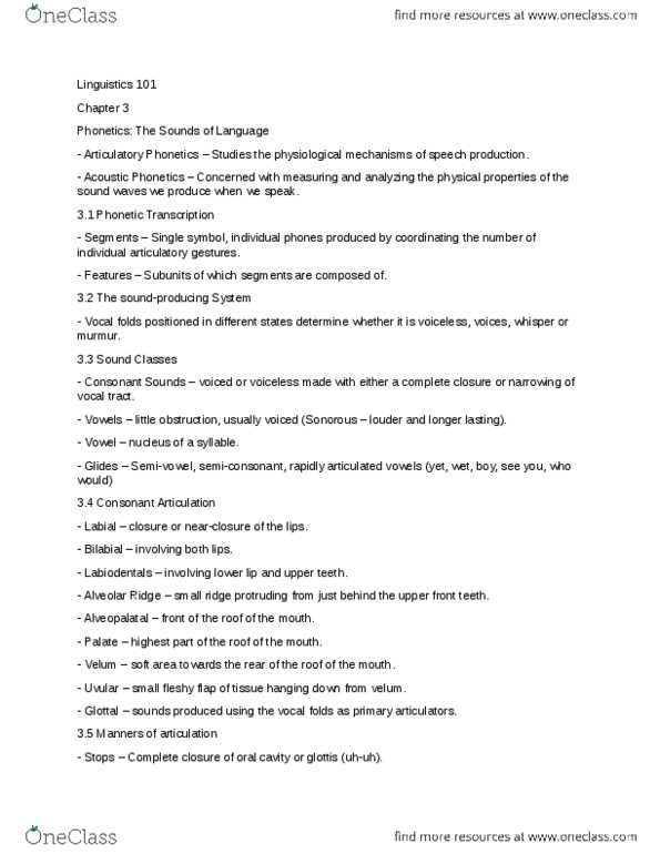 LING101 Chapter Notes - Chapter 3: Articulatory Phonetics, Semivowel, Airglow thumbnail