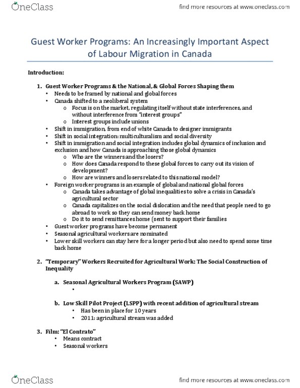 SOSC 1130 Lecture Notes - Neoliberalism, Seasonal Agricultural Workers Program, Foreign Worker thumbnail