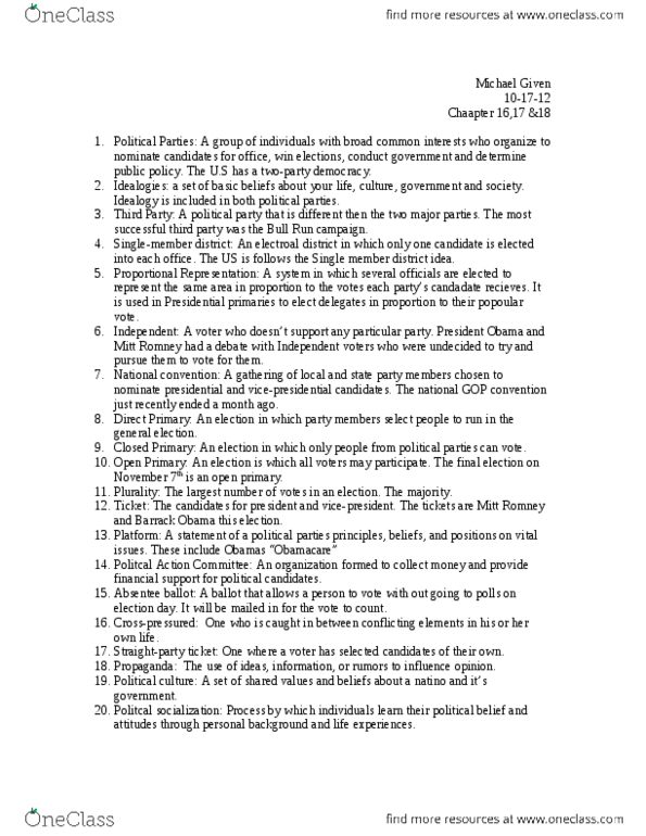 CSD 341 Lecture Notes - Proportional Representation, Barack Obama, Bipartisan Campaign Reform Act thumbnail