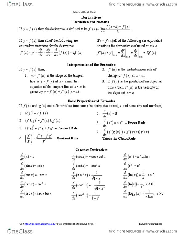MAT 1320 Lecture Notes - Inflection, Quotient Rule, Mean Value Theorem thumbnail