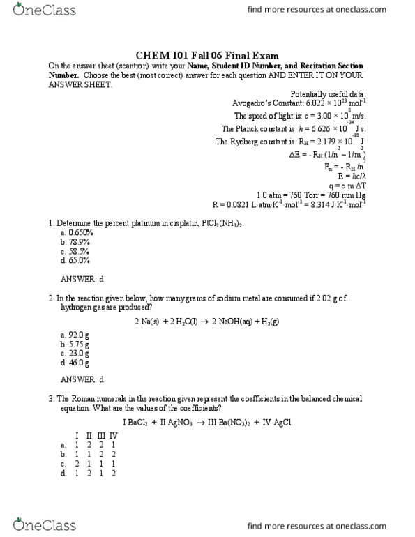CHEM 101 Final CHEM 101 Drexel CHEM 101 Final Exam Fall 2006 with