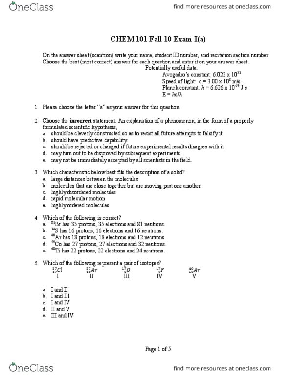 CHEM 101 Midterm: CHEM 101 Drexel CHEM 101 Exam 1 Fall 2010 VER. A With ...