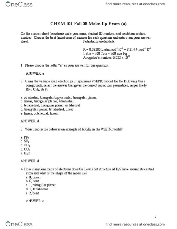 CHEM 101 Midterm: CHEM 101 Drexel CHEM 101 MAKE UP Exam Fall 2008 With ...