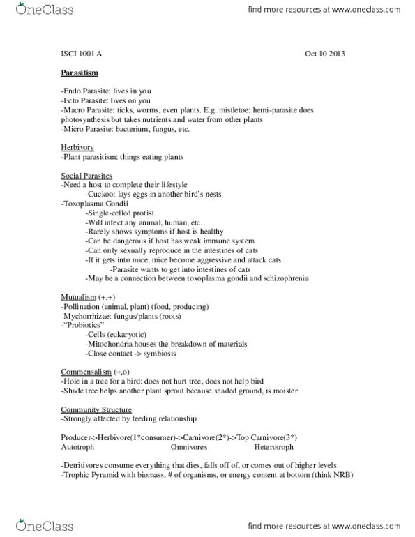 ISCI 1001 Lecture Notes - Commensalism, Pollination, Parasitism thumbnail