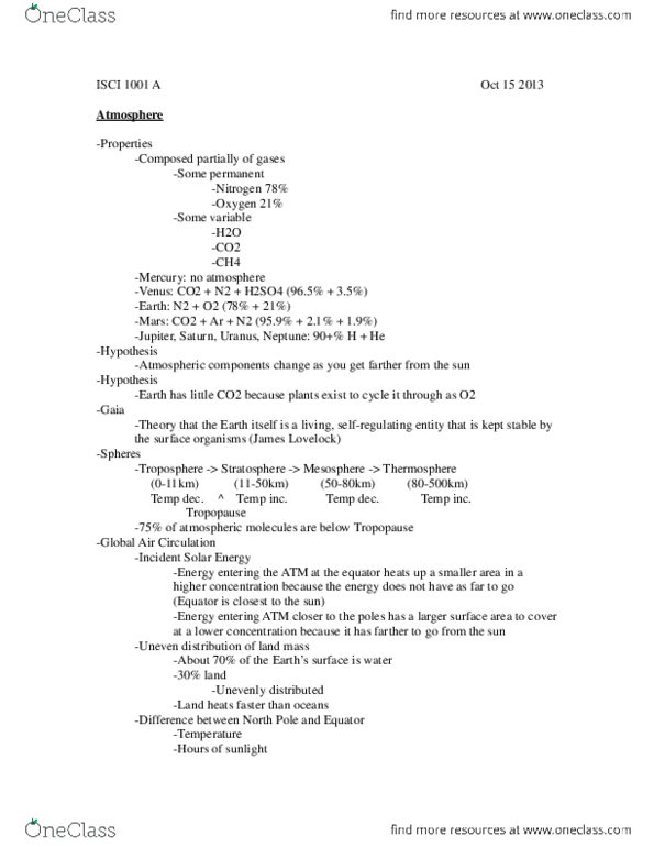 ISCI 1001 Lecture Notes - Thermosphere, Sulfuric Acid, Argon thumbnail