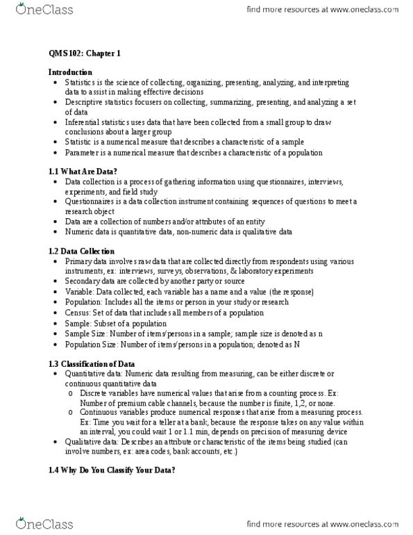 QMS 102 Chapter Notes - Chapter 1: Statistical Inference, Qualitative Property, Level Of Measurement thumbnail