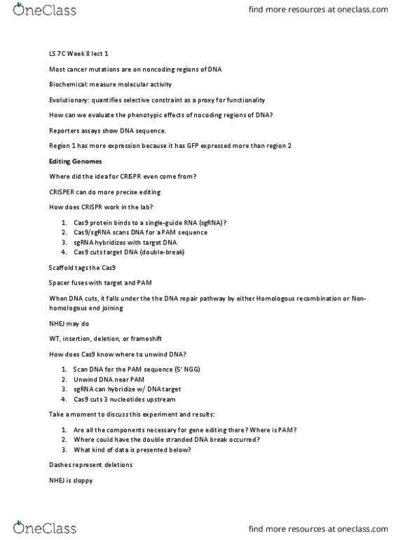 LIFESCI 7C Lecture Notes - Lecture 13: Cas9, Homologous Recombination, Non-Homologous End Joining thumbnail