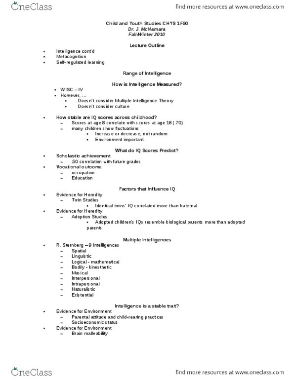 CHYS 1F90 Lecture Notes - Domain Knowledge, Learned Helplessness, Wechsler Intelligence Scale For Children thumbnail