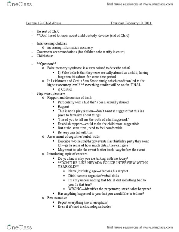PSYC 2400 Lecture Notes - Lecture 12: False Memory Syndrome, Ejaculation, Dont thumbnail