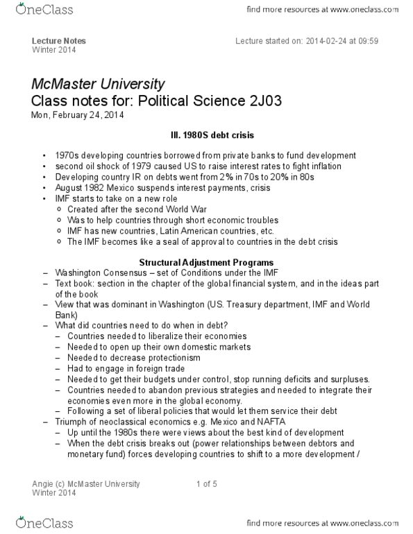 POLSCI 2J03 Lecture Notes - North American Free Trade Agreement, European Central Bank, Developing Country thumbnail