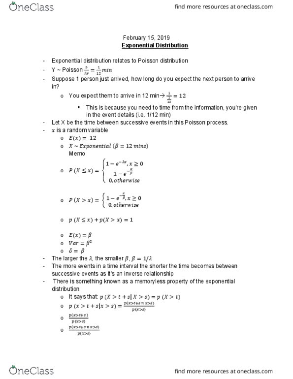 STAT 213 Lecture Notes - Lecture 16: Exponential Distribution, Poisson Point Process, Random Variable cover image