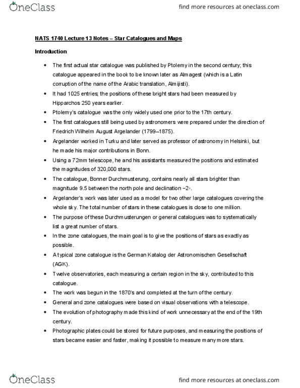 NATS 1740 Lecture Notes - Lecture 13: Star Catalogue, Star Chart, Durchmusterung cover image