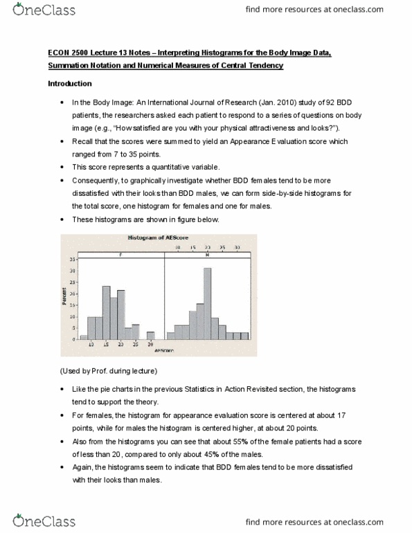 ECON 2500 Lecture Notes - Lecture 13: Central Tendency, Physical Attractiveness, Statistical Inference cover image