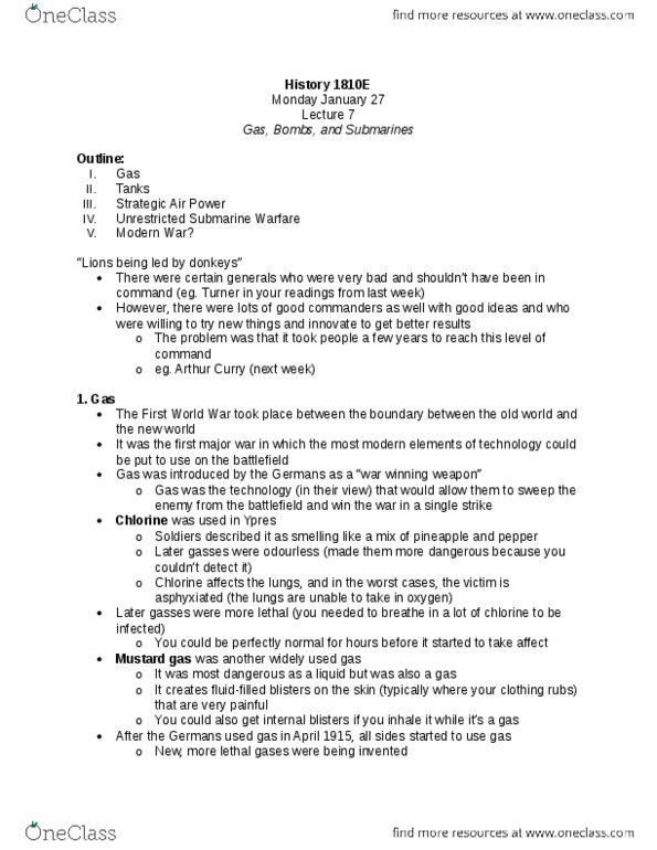 History 1810E Lecture Notes - Lecture 7: Absenteeism, British Heavy Tanks Of World War I, Sulfur Mustard thumbnail