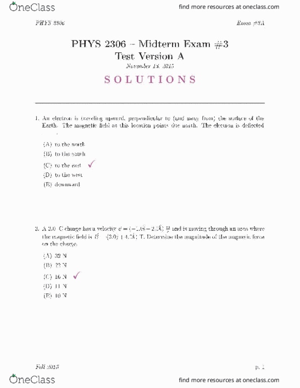 PHYS 2306 Midterm: PHYS 2306 Midterm 3 Fall 2015 - OneClass