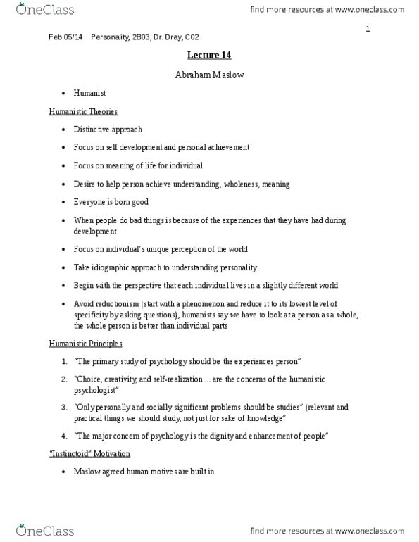 PSYCH 2B03 Lecture Notes - Lecture 14: Belongingness, Psychopathology, Abraham Maslow thumbnail