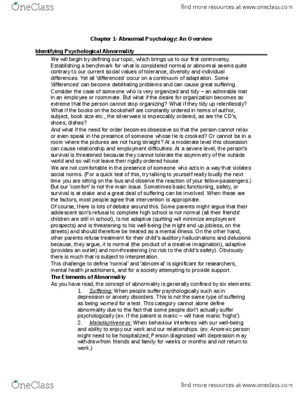 PSYC 3390 Chapter Notes - Chapter 1: Psychopathology, Outline Of Health Sciences, Abnormal Psychology thumbnail