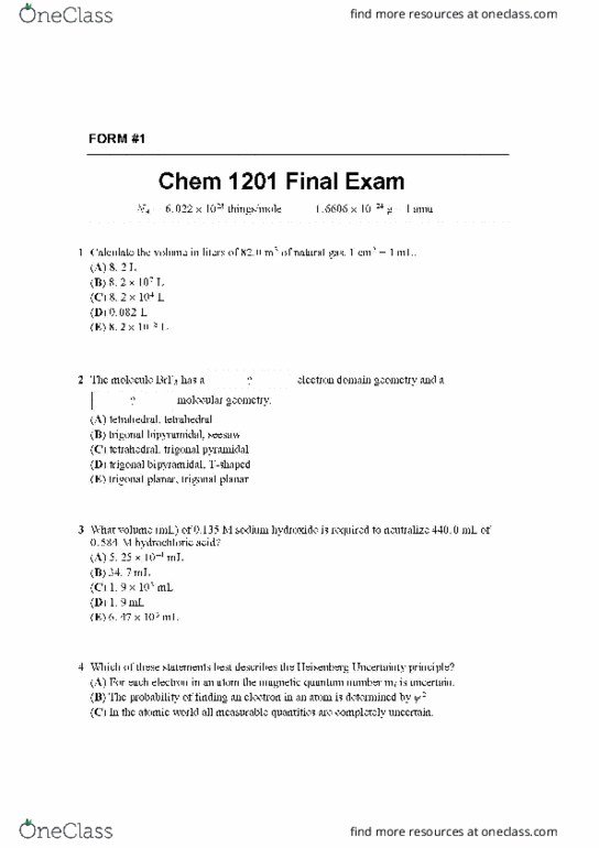 Chem 1201 Final Chem 1201 Final Exam Form 1 Oneclass