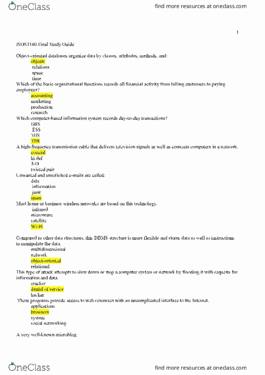 ISDS 1100 Midterm: ISDS 1100 Exam - OneClass