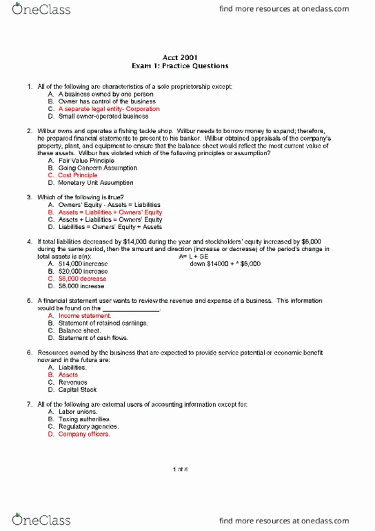 ACCT 2001 Midterm: ACCT 2001 Exam 1 - OneClass