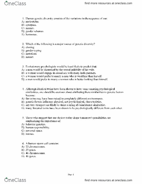 Psy 101 Quiz 3 Page 6 Oneclass