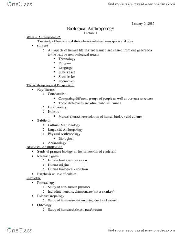 Anthropology 1020E Lecture Notes - Osteology, Bioarchaeology, Primatology thumbnail