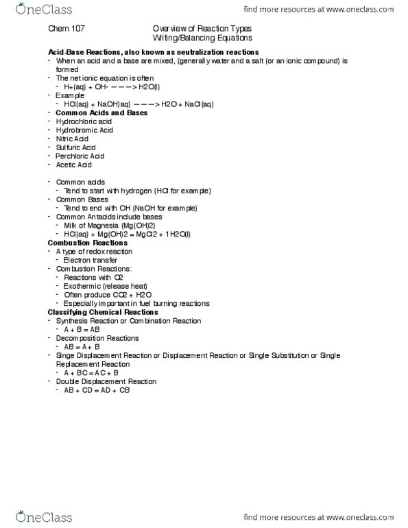 CHEM 107 Lecture Notes - Exothermic Process, Redox, Nitric Acid thumbnail