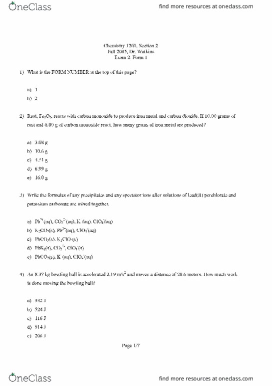 CHEM 1201 Midterm: CHEM 1201 Exam 2 Form 1 Section 2 - OneClass