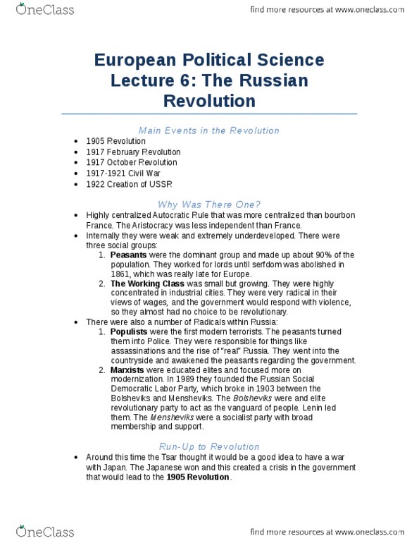 POLB92H3 Lecture Notes - Lecture 6: Russian Social Democratic Labour Party, European Political Science, 1905 Russian Revolution thumbnail
