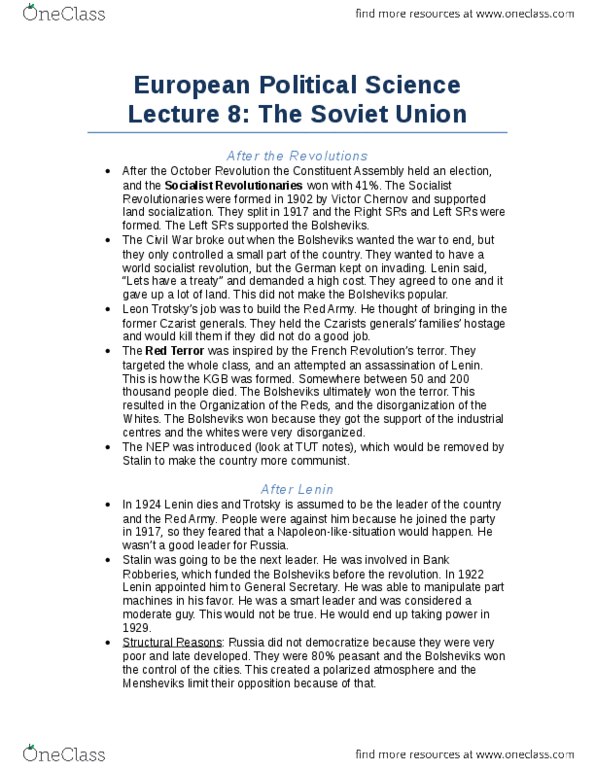 POLB92H3 Lecture Notes - Lecture 8: Mensheviks, Voluntaryism, Viktor Chernov thumbnail