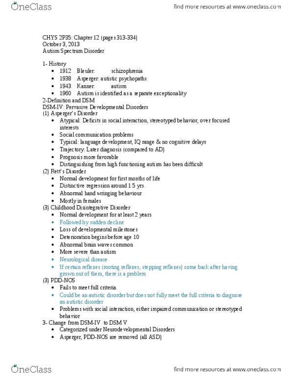 CHYS 2P35 Lecture Notes - Pronoun, Etiology, Sensory Processing thumbnail