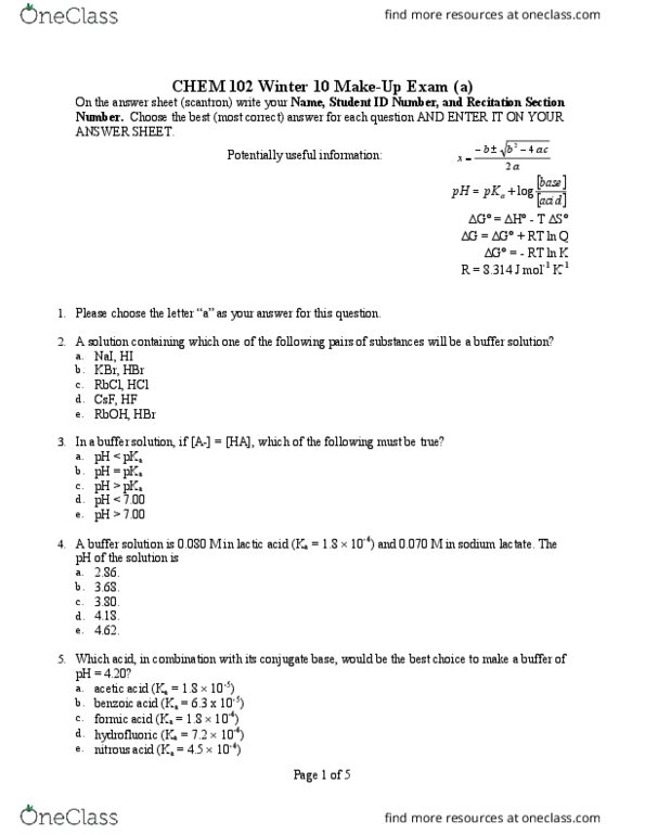 CHEM 102 Midterm: CHEM 102 Drexel CHEM 102 MAKEUP Exam WINTER 09 10 Sns-Brigh10