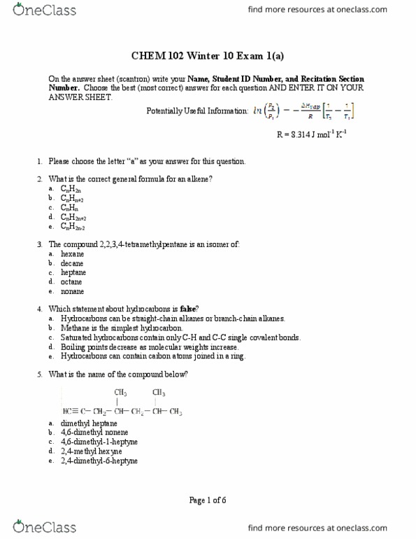 CHEM 102 Midterm: CHEM 102 Drexel CHEM 102 Exam 1 WINTER 09 10 with Sns-Brigh10