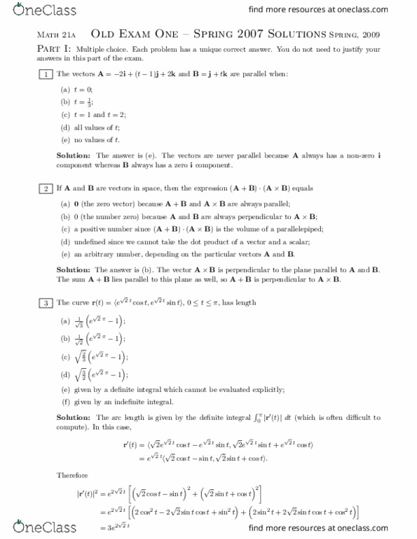 MATH 21A Midterm MATH 21A Harvard 21a Spring 09Midterm1 Solutions