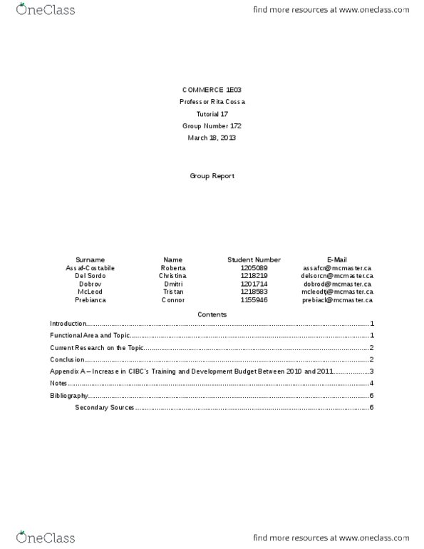 COMMERCE 1B03 Chapter Notes -Successfactors, Canadian Imperial Bank Of Commerce, Management Development thumbnail