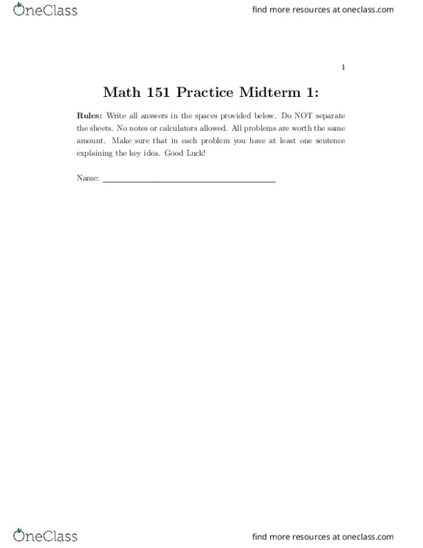 MATH 1B Midterm MATH 1B Harvard s03Exam1 Solutions OneClass