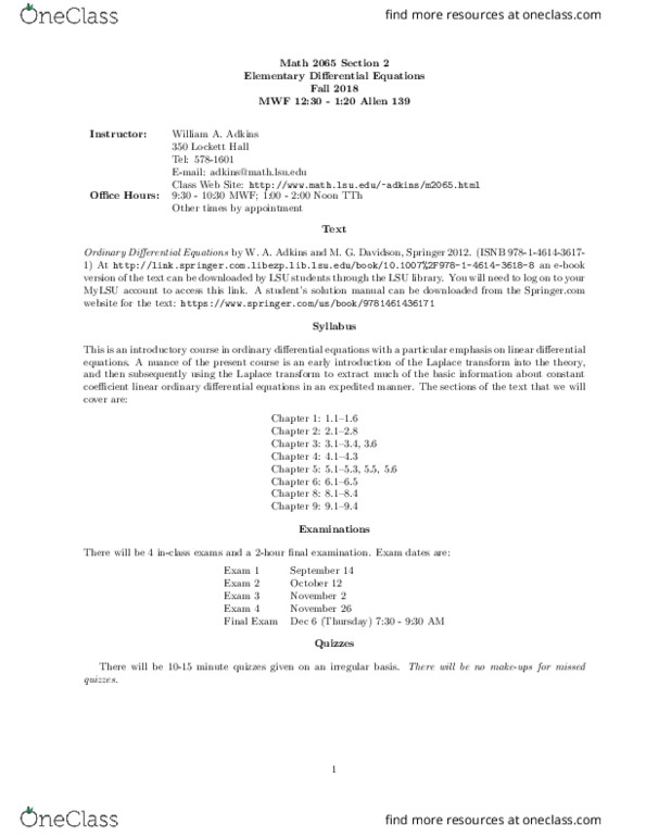 MATH 2065 Midterm: MATH 2065 LSU F18syl - OneClass