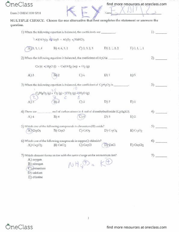 CHEM 1000 Midterm: CHEM 1000 Mizzou Exam 2 key fs18 - OneClass