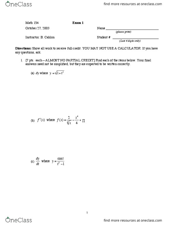 MTH 154 Oakland Midterm H154Exam1bFA03 - OneClass