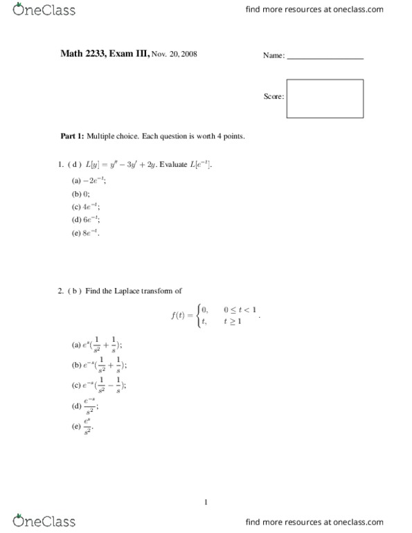 MATH 2233 Midterm: MATH 2233 OK State Exam3 sol - OneClass