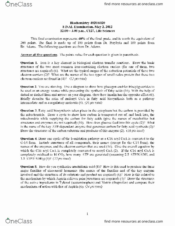 BCMB 4020 Final BCMB 4020 Final Exam Spring 2012 OneClass