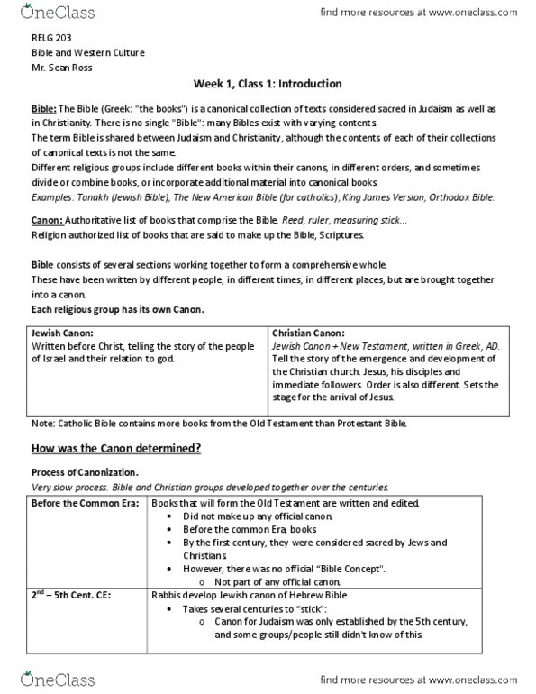 RELG 203 Lecture Notes - Book Of Leviticus, Ketuvim, Book Of Deuteronomy thumbnail