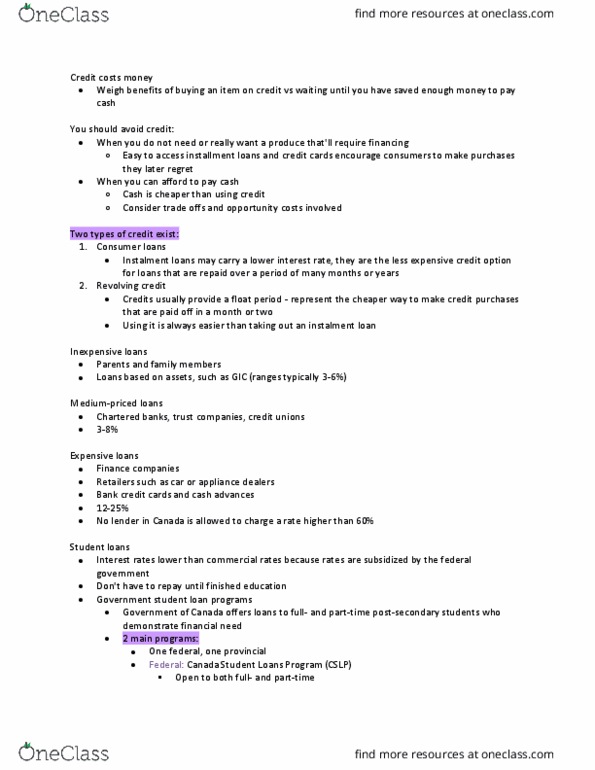 COMMERCE 4FP3 Chapter Notes - Chapter 6: Student Loans In Canada, Revolving Credit, Finance Charge thumbnail