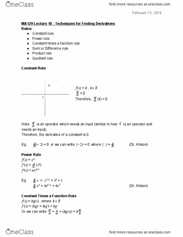 MA129 Lecture Notes - Lecture 18: Power Rule, Quotient Rule, Product Rule cover image