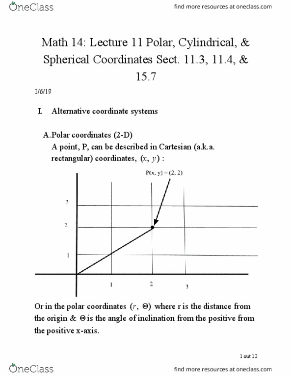 MATH 14 Lecture Notes - Lecture 11: Cylindrical Coordinate System, Cartesian Coordinate System thumbnail