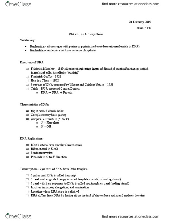 BIOL 3380 Chapter 2: 04 February - DNA and RNA Biosynthesis thumbnail