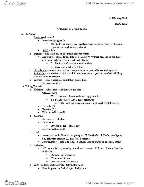 BIOL 3380 Lecture Notes - Lecture 10: Isopropyl Alcohol, Septic Shock, Endospore thumbnail