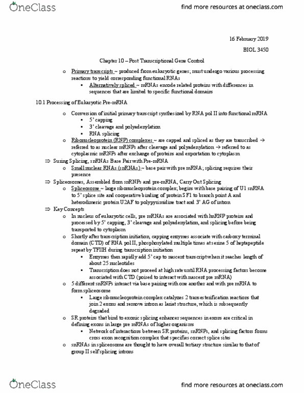 BIOL 3450 Chapter Notes - Chapter 10: Nuclear Membrane, Pabpn1, Exonic Splicing Enhancer thumbnail